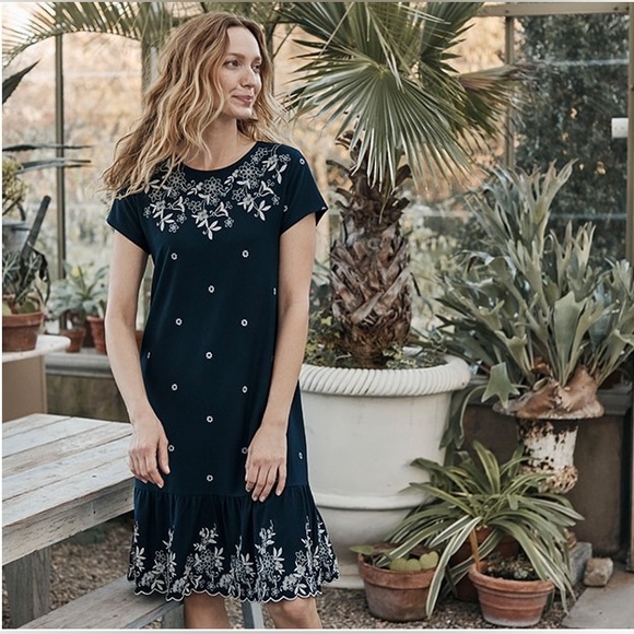 J. Jill Womens Cottage Core Embroidered Floral Print Sheath Dress Blue Sz Medium - Picture 2 of 4